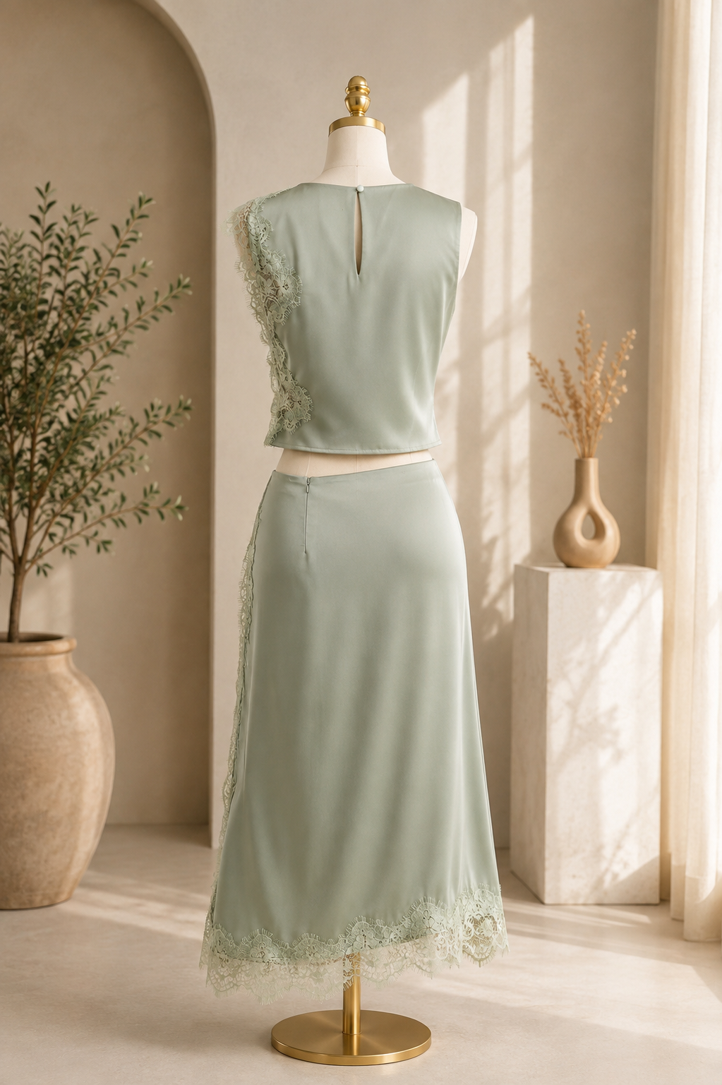 Elegant Sage Satin Two-Piece Set