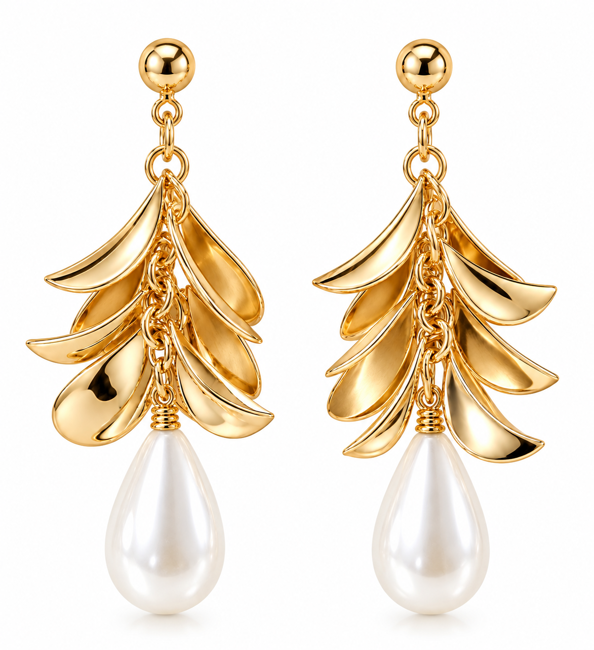 Elegant Gold Leaf & Pearl Drop Earrings