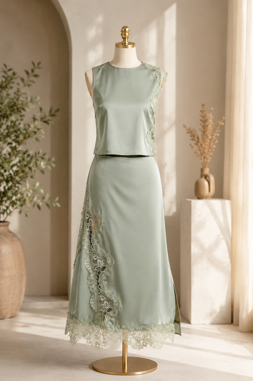 Elegant Sage Satin Two-Piece Set